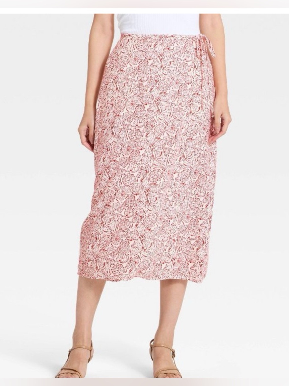 a new day - Women’s Linen Midi Wrap Skirt -Red/White Shell print (Size M) NWT